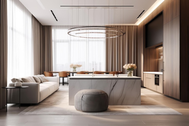 Modern luxury beige living room and kitchen dining island AI