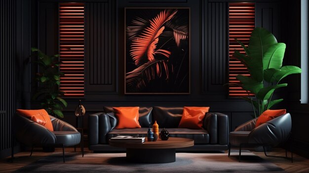 Foto moderno lusso nero neon illuminazione salotto interior design ai immagine generata