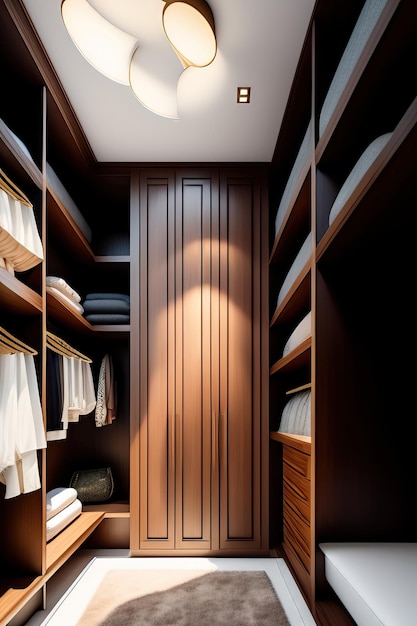 Modern luxury brown built in walk in closet wardrobe wooden shelf drawer hidden light with neat