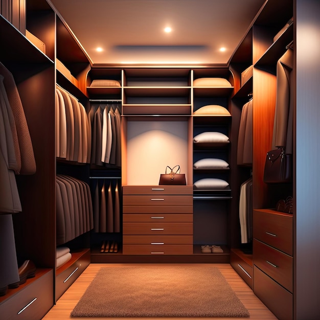 Modern luxury brown wooden built in walk in closet wardrobe on carpet floor in bedroom shelf dra