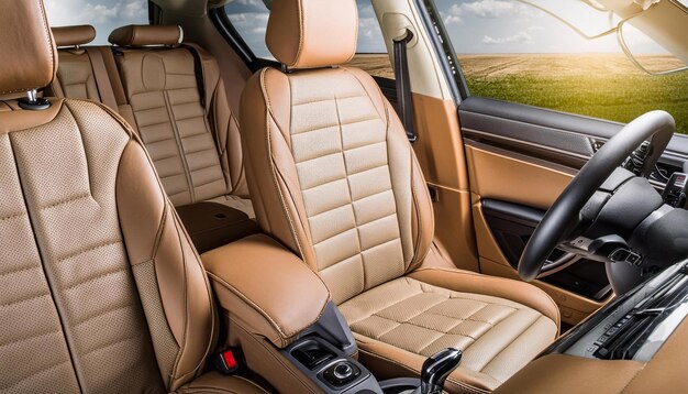 Современный роскошный автомобильный интерьер Коричневые кожаные сиденья руль и приборная панель
