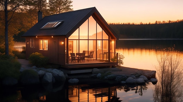 Modern luxury cottage near lake at sunset