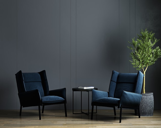 Modern luxury dark living room interior background with blue armchair, dark room interior mock up