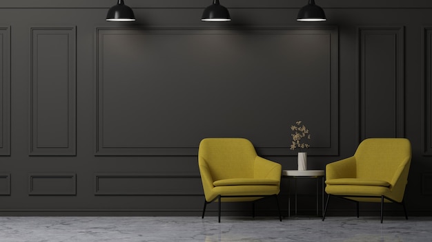 Modern luxury dark living room with stylish yellow armchair over black panel wall background
