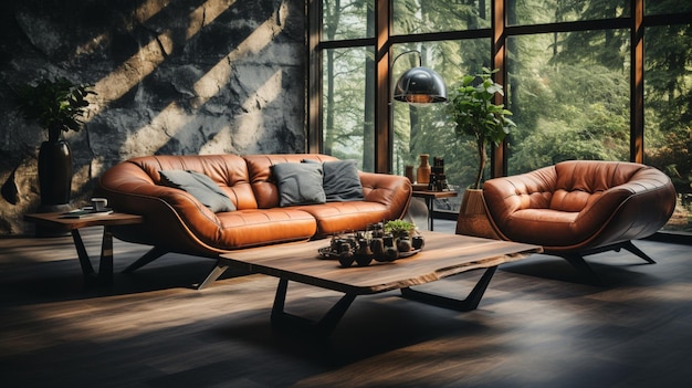 Современный роскошный дизайн, удобный диван, элегантное кресло и деревянный стол, кожаный диван