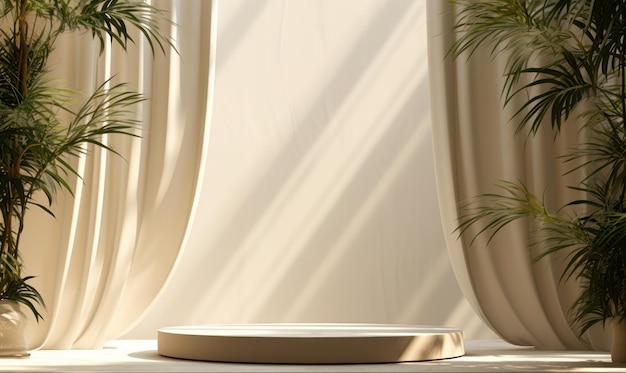 Modern and luxury empty beige round podium with curtain and leaves in beige room with shadow light background Elegant scene for product photography