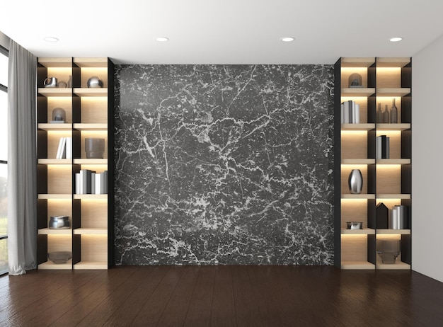 Stanza vuota di lusso moderna con il rendering 3d di pareti in marmo nero e libreria