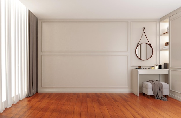 Modern luxury empty room with dressing table, wall cornice and wood floor. 3d rendering