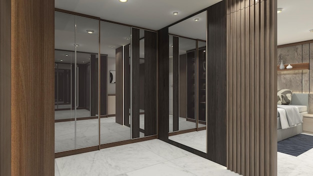 Modern and Luxury Fitting Room Design with Wooden and Mirror Cabinet Door