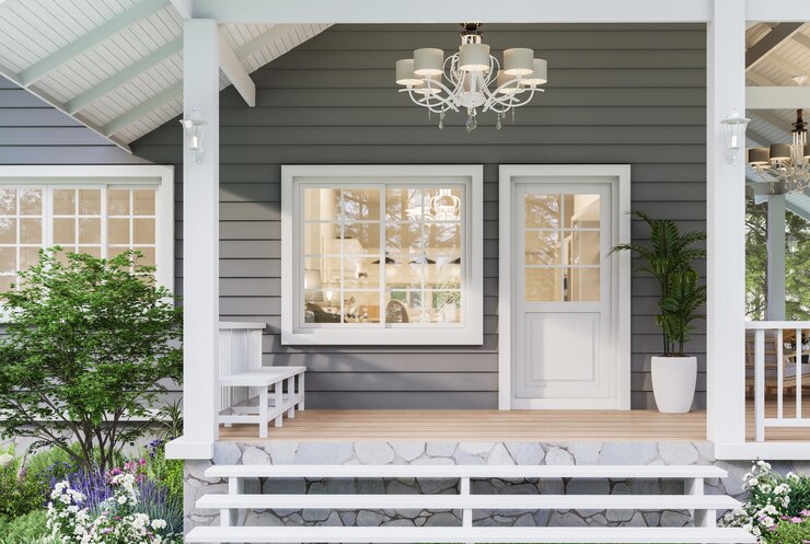 Photo modern luxury front home entrance porch 3d render