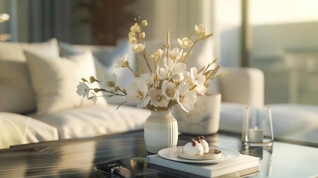 Modern luxury home living room with comfortable sofa flowers in a ceramic vase book Generative AI