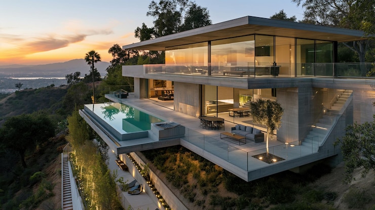 Photo a modern luxury home with large glass walls an infinity pool and expansive views of a valley at sunset the multilevel structure is surrounded by lush greenery