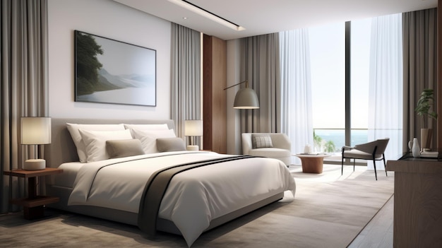 Modern luxury hotel room with comfortable bedding AI generated illustration