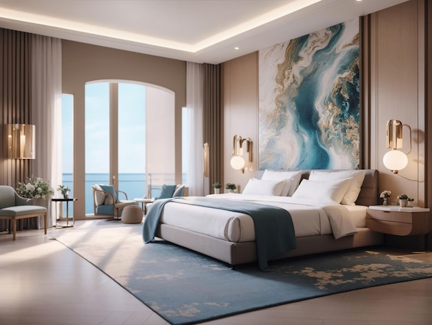 Modern luxury hotel room with comfortable bedding generated by ai