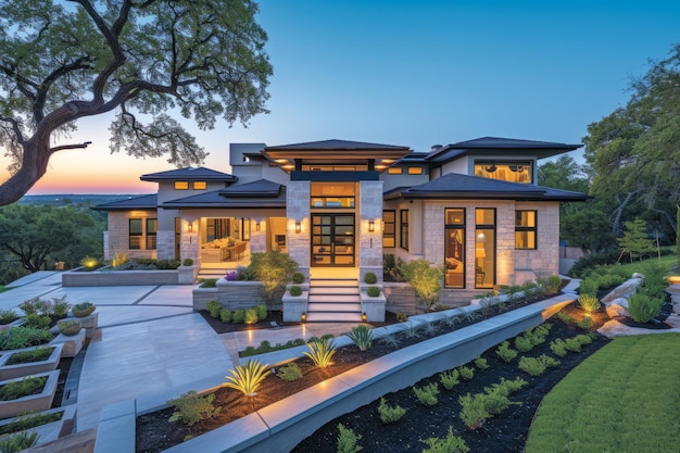 Современный дизайн экстерьера роскошного дома с красивым ландшафтом