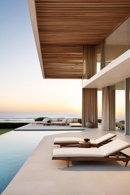 Modern luxury house and patio next to swimming pool with ocean view