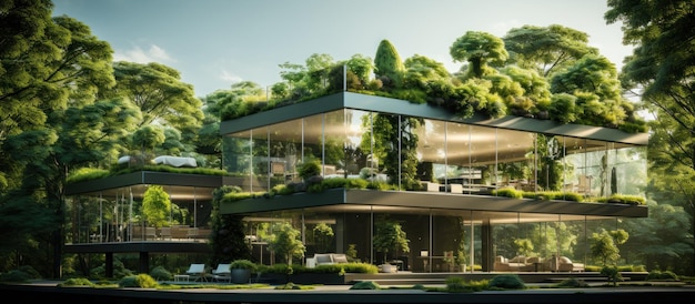 Modern luxury house with garden and green plants Panoramic view