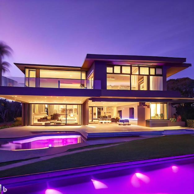 A modern luxury house with lights and a swimming pool in the front at dusk