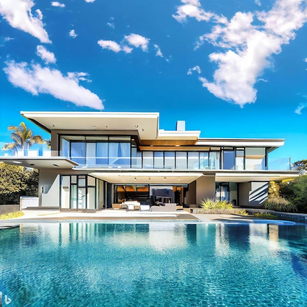 A modern luxury house with a pool in the front at a blue sky