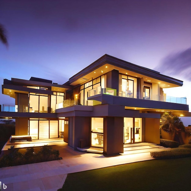 A modern luxury house with a pool in the front at dusk