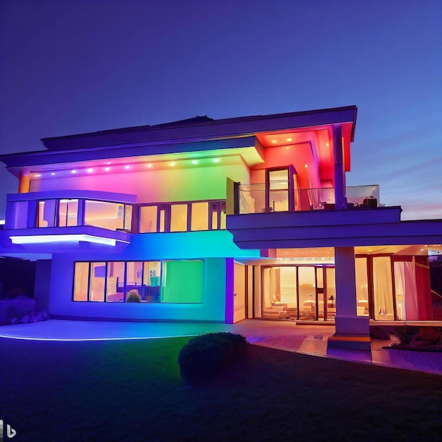 A modern luxury house with a pool in the front at dusk