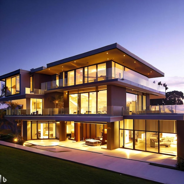 A modern luxury house with a pool in the front at dusk