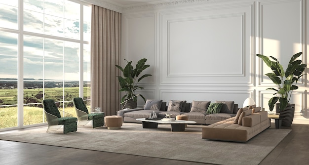 modern luxury interior background design living room with large window 3d render illustration