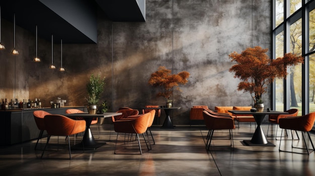 Modern luxury interior in cafe with bar and chairs with concrete walls