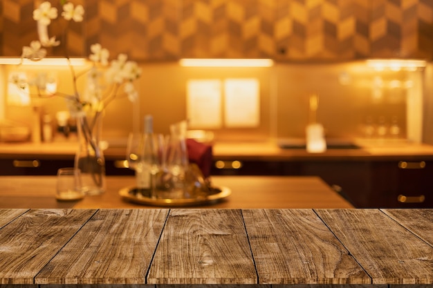 현대적인 럭셔리 주방 검은 황금 따뜻한 음색으로 목조 테이블  공간을 모니터링 디스플레이 도구 제품
