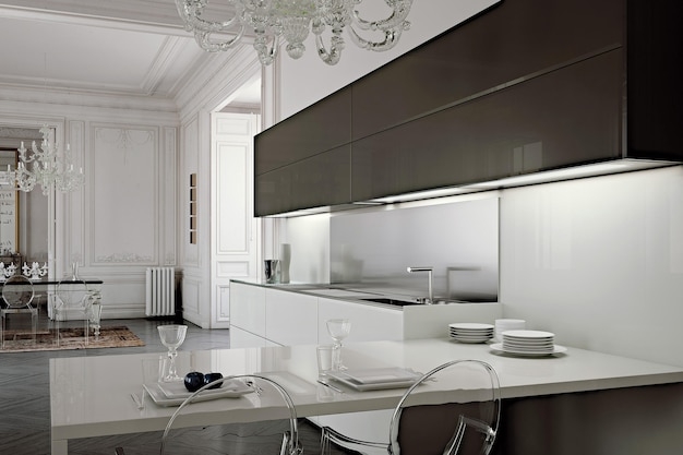 Modern luxury kitchen interior design in minimal style