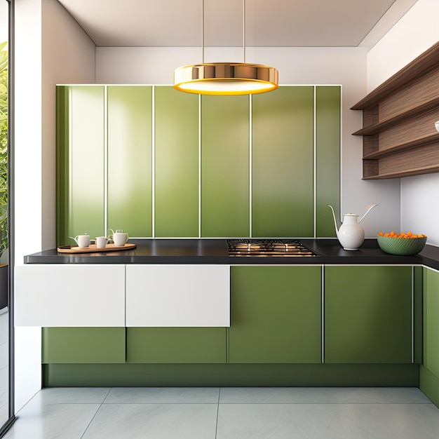 Cucina moderna di lusso con ripiano verde salvia, lavello, pentola