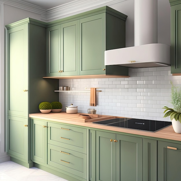 Modern luxury kitchen with sage green counter cabinet sink pot on induction cooktop cupboard wh