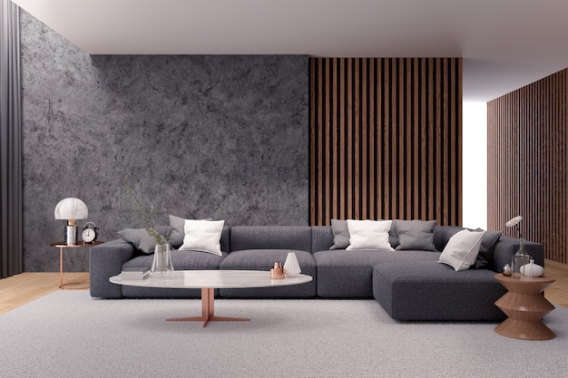 Modern luxury living room interior , black sofa with dark concrete wall