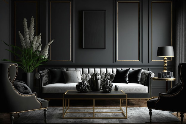 Modern luxury living room interior with black furniture design