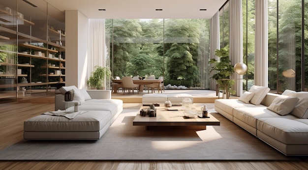 modern luxury living room interior with lighting from the large windows generativa IA