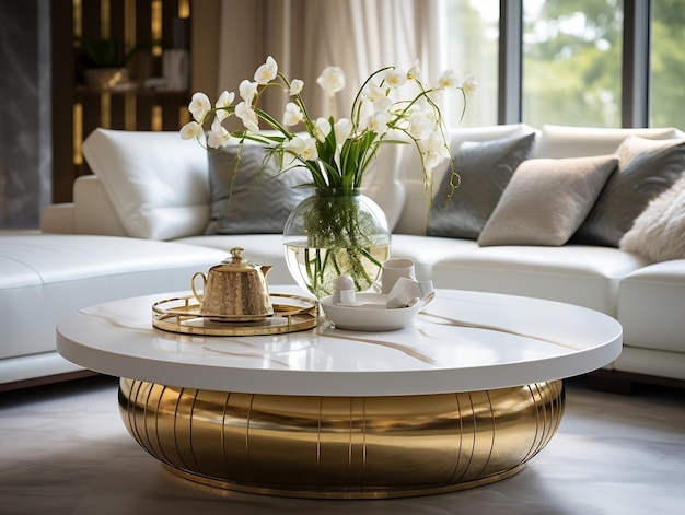 Modern luxury living room with cozy white sofa and golden coffee table