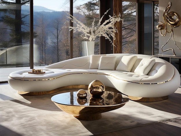 Modern luxury living room with cozy white sofa and golden coffee table