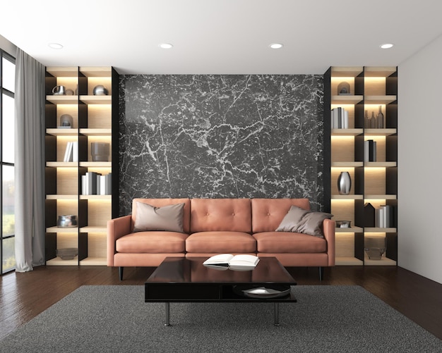 Modern luxury living room with leather sofa black marble wall\
and bookshelf 3d rendering