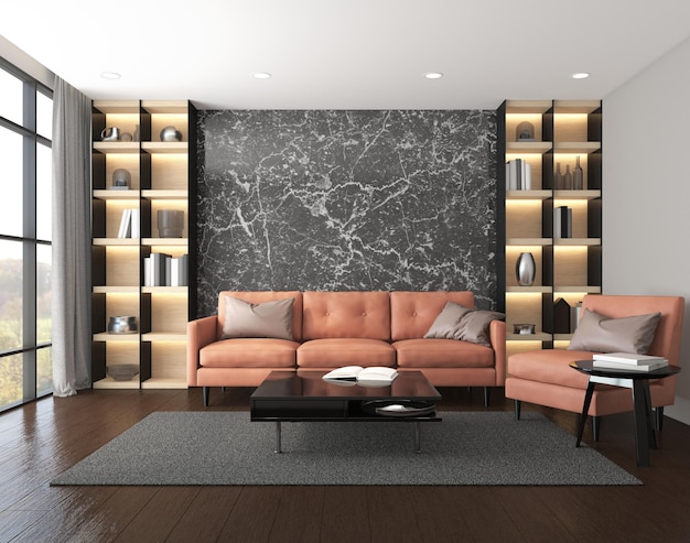 Modern luxury living room with leather sofa set black marble wall and bookshelf 3d rendering