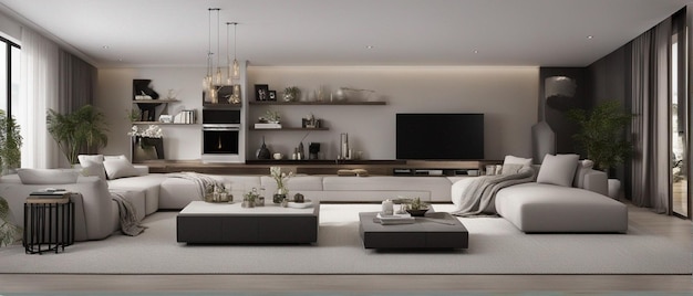 Современная и роскошная гостиная с диваном и телевизором