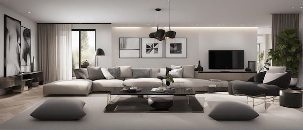 A modern and luxury living room with sofa and tv