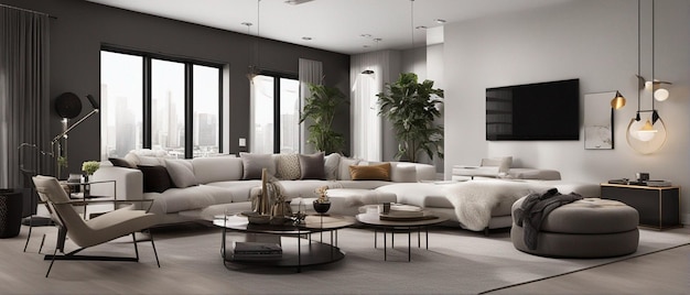 A modern and luxury living room with sofa and tv