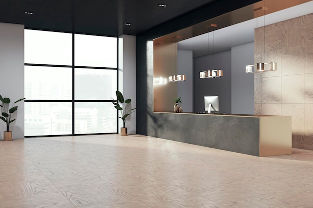 Photo modern luxury office reception with window and city view 3d rendering