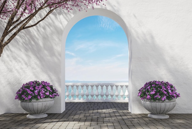 Modern luxury scandinavian white arch gate to terrace 3d render