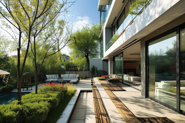 Foto moderna terrazza di lusso con giardino soleggiato in una spaziosa villa familiare