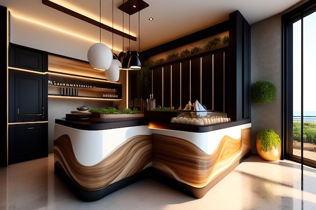 Modern luxury tropical design cafe wooden counter with espresso machine cake display fridge in su