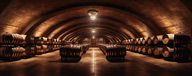 Modern luxury underground interior of old cellar with wine wooden barrels panorama Generative Ai