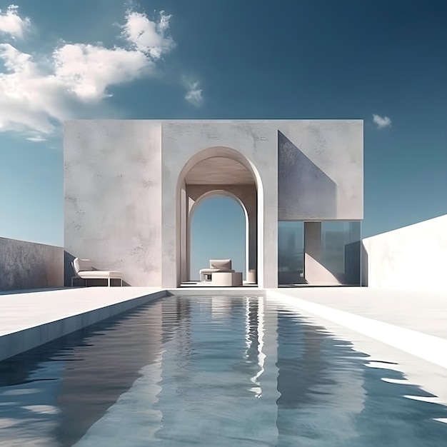 Foto moderna architettura esterna di villa di lusso in stile minimal con piscina e bellissimo cielo