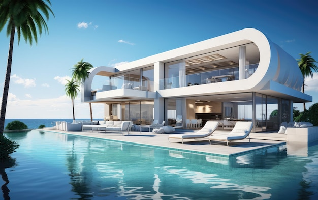 Modern Luxury Villa House 3d rendering of a real estate Architecture project with swimming pool