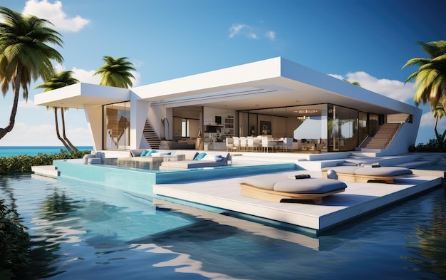 Photo modern luxury villa house 3d rendering of a real estate architecture project with swimming pool